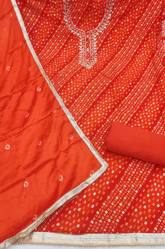 rust bandhej silk blend  unstitched dress material 