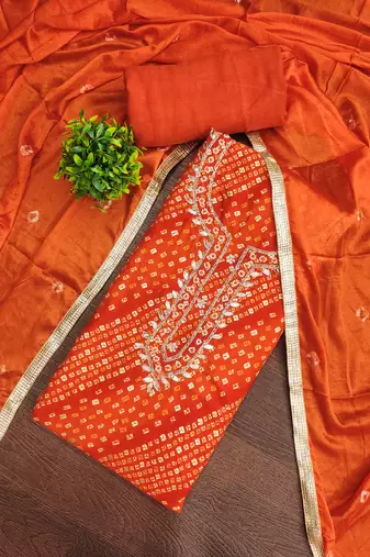 rust bandhej silk blend  unstitched dress material 