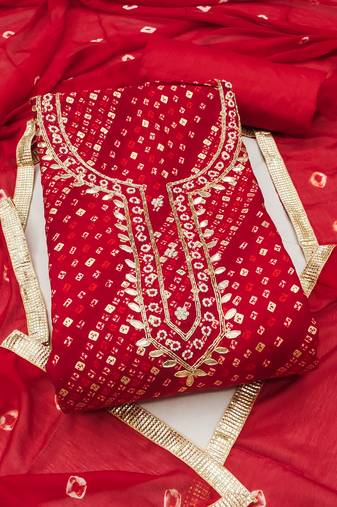 red bandhej silk blend  unstitched dress material 