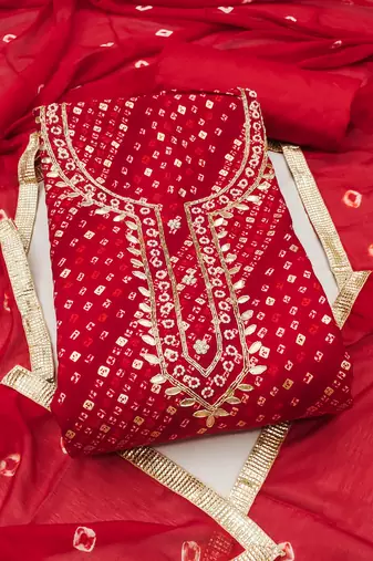 red bandhej silk blend  unstitched dress material 