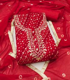 red bandhej silk blend  unstitched dress material 