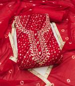 red bandhej silk blend  unstitched dress material 