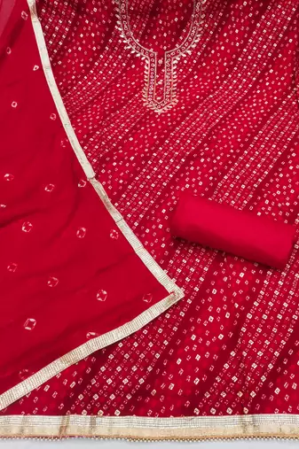 red bandhej silk blend  unstitched dress material 