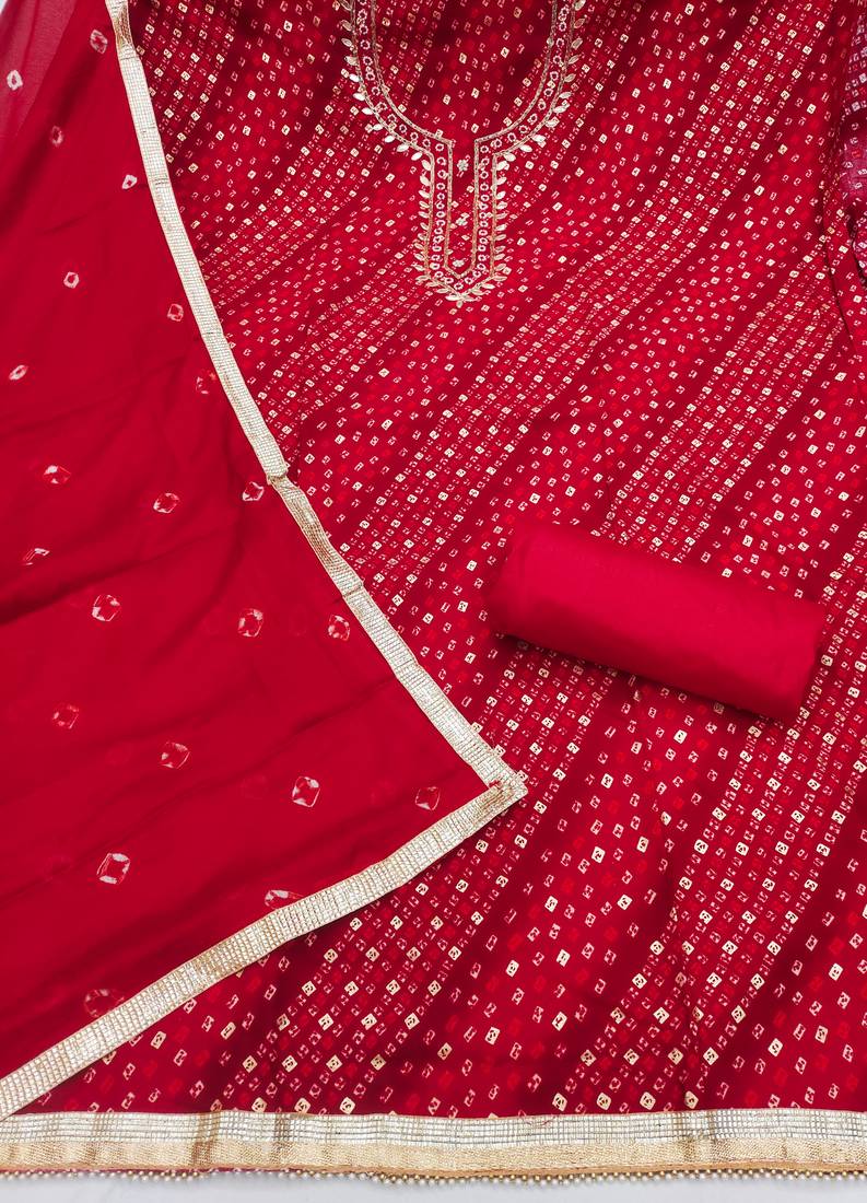 red bandhej silk blend  unstitched dress material 