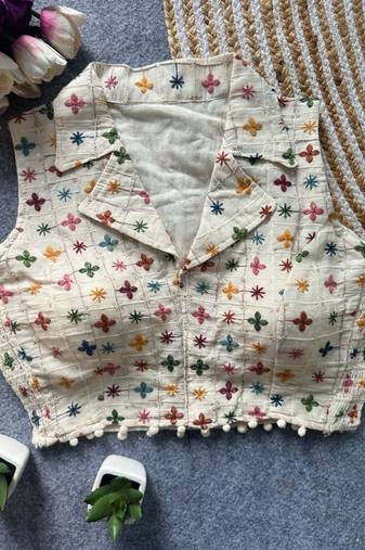 White khadi cotton blend embroidered designer blouse