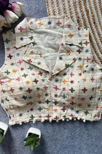 White khadi cotton blend embroidered designer blouse