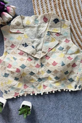 White khadi cotton blend embroidered designer blouse