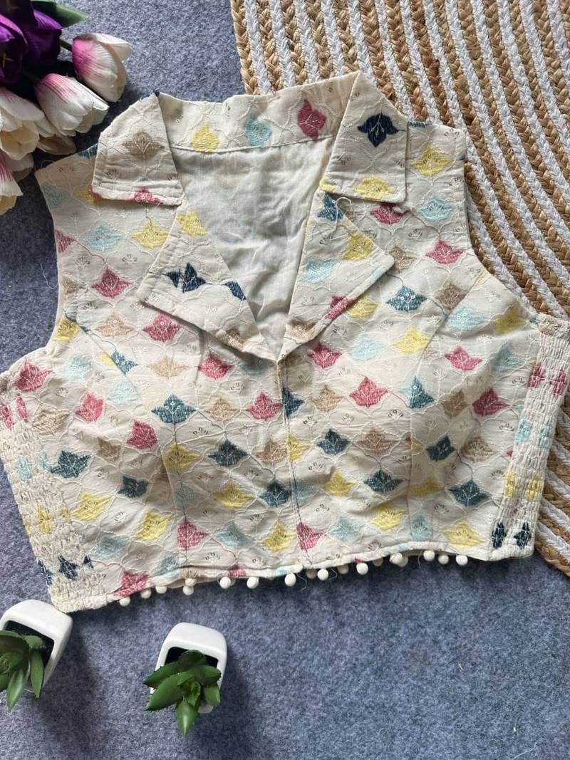 White khadi cotton blend embroidered designer blouse