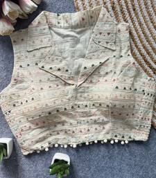 White khadi cotton blend embroidered designer blouse