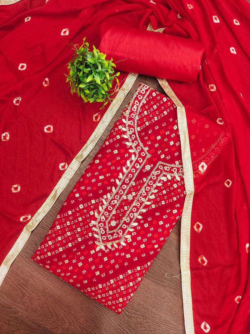 red bandhej silk blend  unstitched dress material 