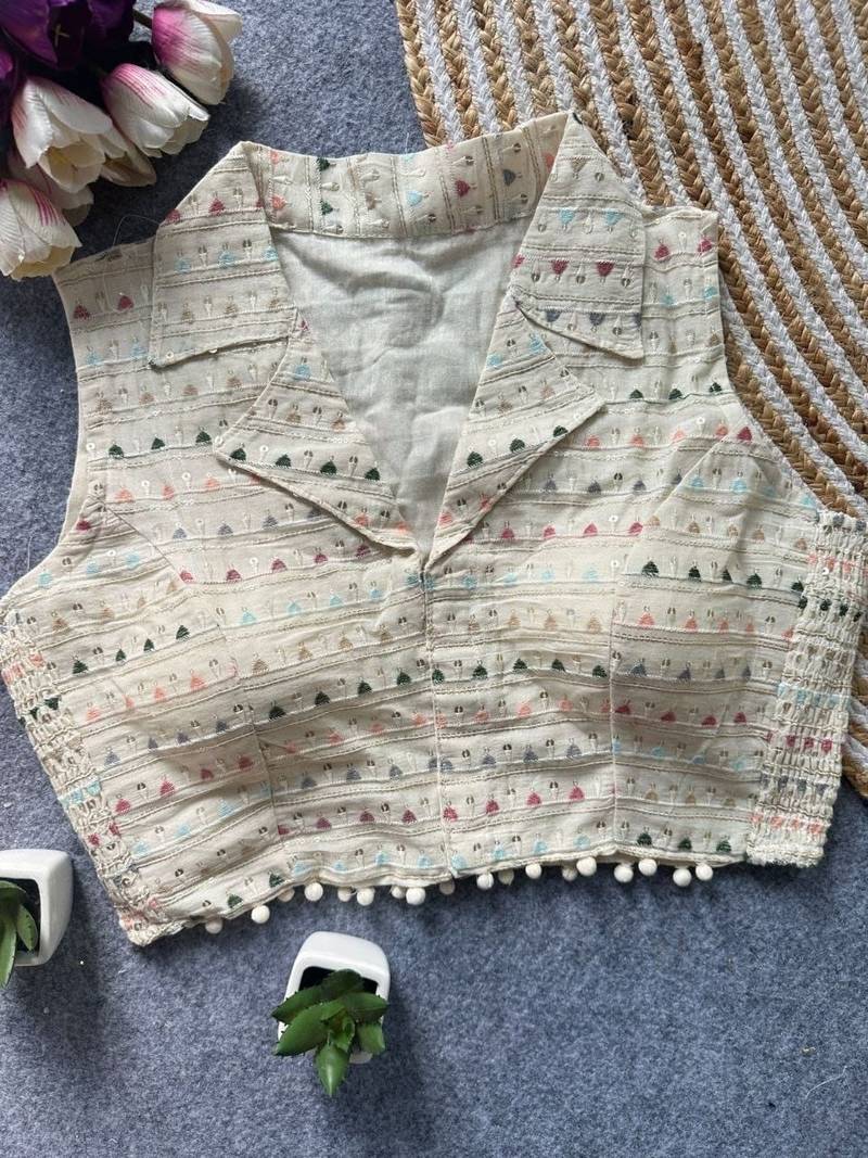White khadi cotton blend embroidered designer blouse