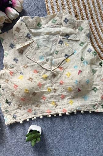 White khadi cotton blend embroidered designer blouse
