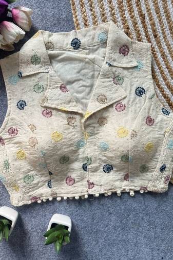 White khadi cotton blend embroidered designer blouse