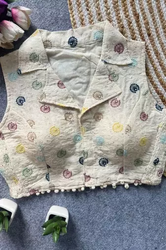 White khadi cotton blend embroidered designer blouse