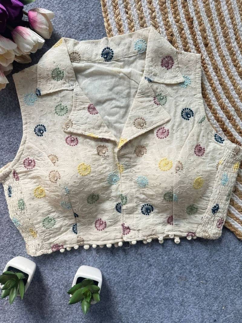 White khadi cotton blend embroidered designer blouse