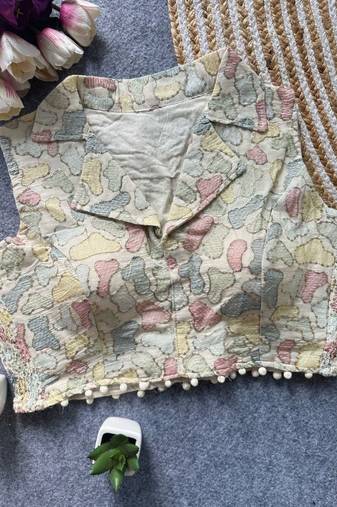 White khadi cotton blend embroidered designer blouse