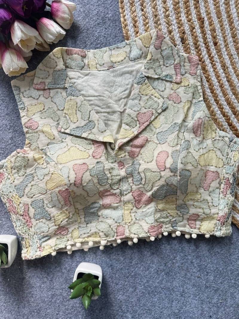 White khadi cotton blend embroidered designer blouse