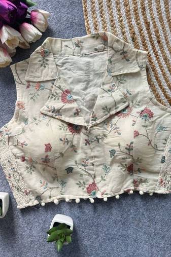 White khadi cotton blend embroidered designer blouse