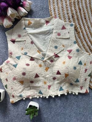 White khadi cotton blend embroidered designer blouse 1