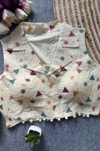 White khadi cotton blend embroidered designer blouse