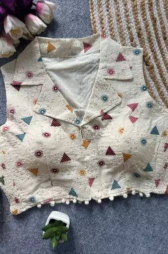 White khadi cotton blend embroidered designer blouse
