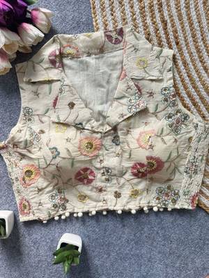 White pure khadi cotton embroidered designer blouse 1
