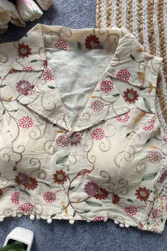 White khadi cotton blend embroidered designer blouse