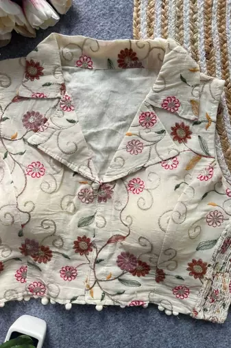White khadi cotton blend embroidered designer blouse