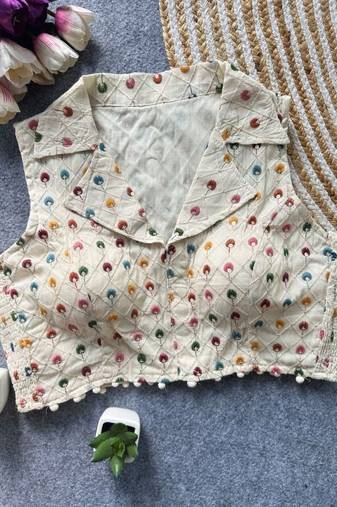 White khadi cotton blend embroidered designer blouse