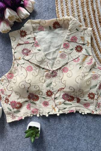 White khadi cotton blend embroidered designer blouse
