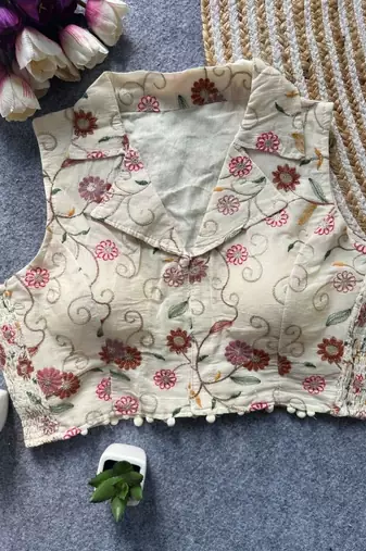 White khadi cotton blend embroidered designer blouse