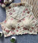 White khadi cotton blend embroidered designer blouse