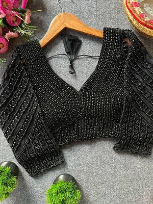 Black silk blend pearl moti designer blouse 1