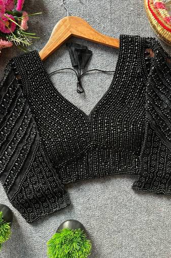 Black silk blend pearl moti designer blouse