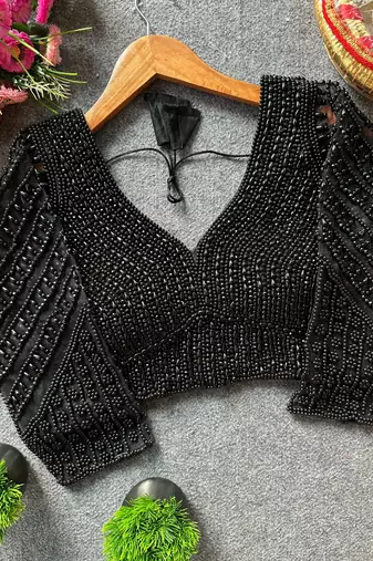 Black silk blend pearl moti designer blouse