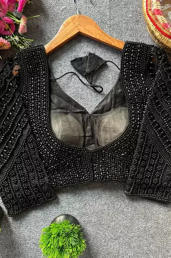 Black silk blend pearl moti designer blouse