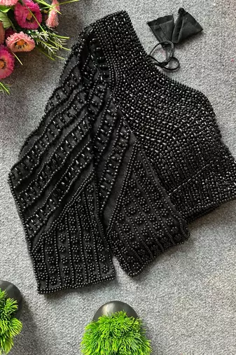 Black silk blend pearl moti designer blouse