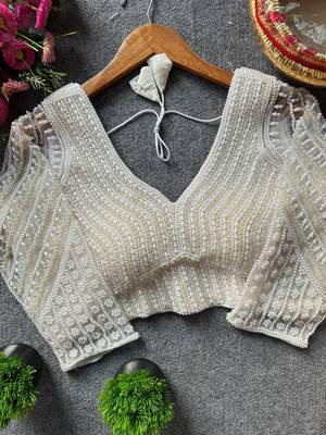 White silk blend pearl moti designer blouse 1