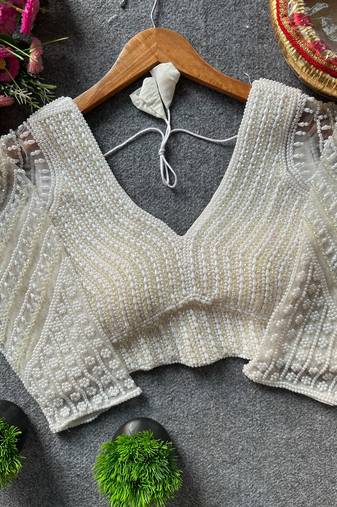 White silk blend pearl moti designer blouse