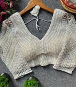 White silk blend pearl moti designer blouse