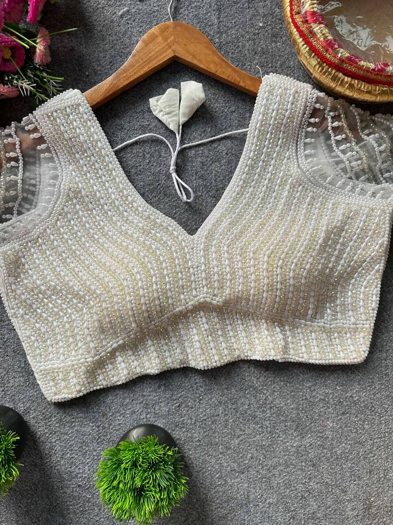 White silk blend pearl moti designer blouse