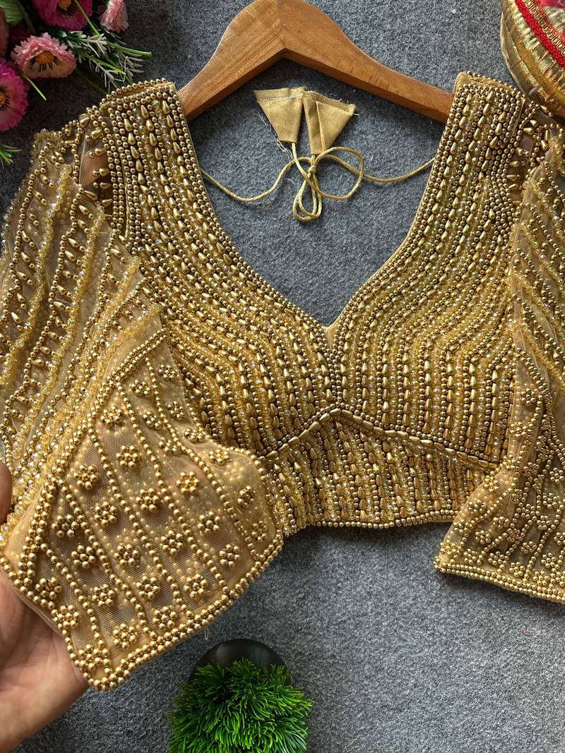 Cream silk blend pearl moti designer blouse
