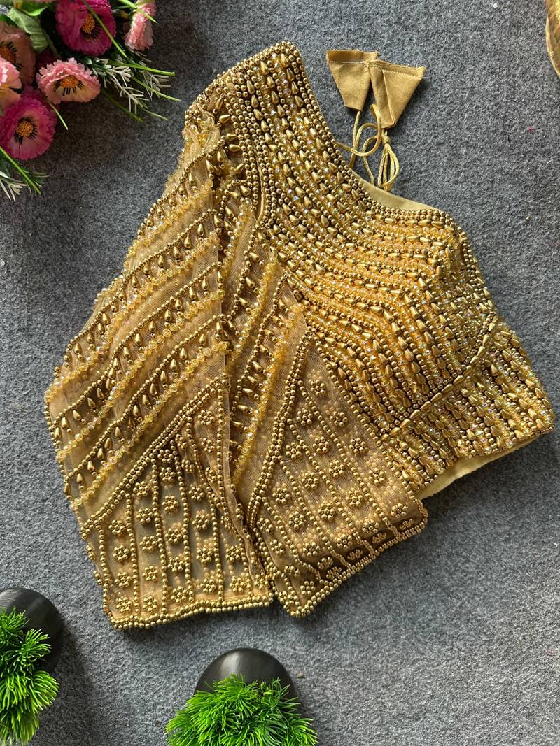 Cream silk blend pearl moti designer blouse