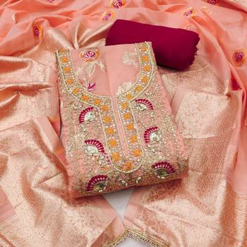 peach weaved silk blend  blend unstitched dress material  1