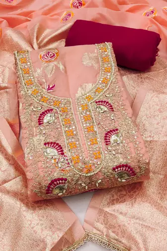 peach weaved silk blend  blend unstitched dress material 