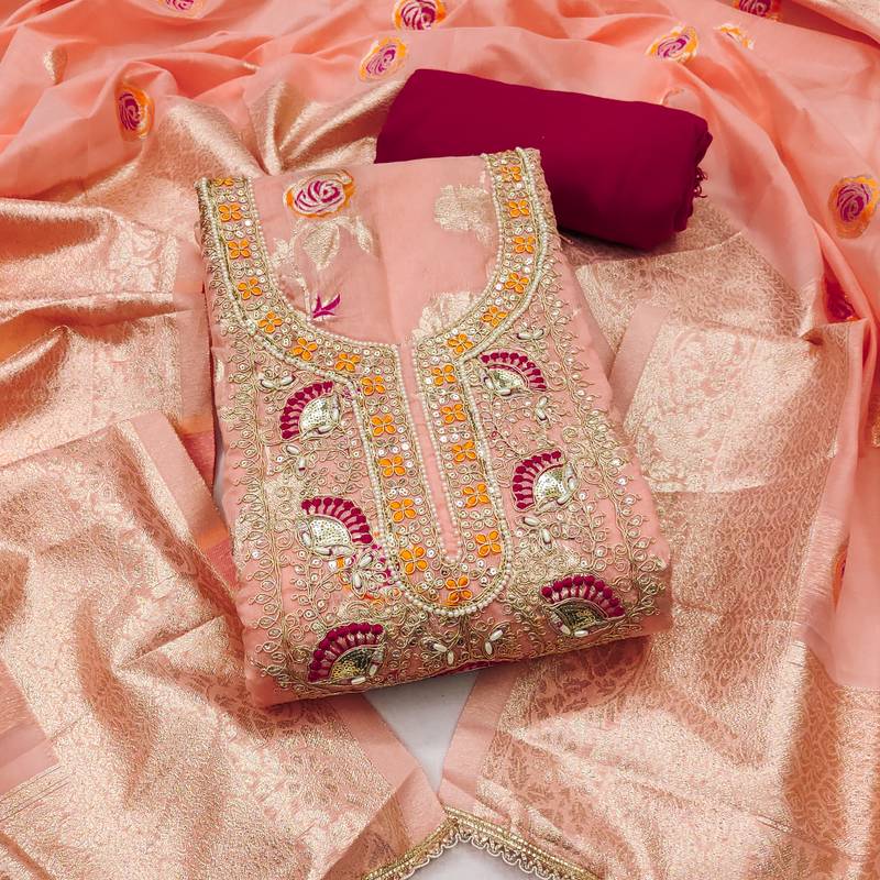 peach weaved silk blend  blend unstitched dress material 