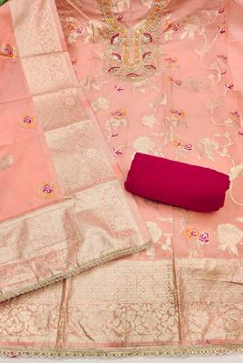 peach weaved silk blend  blend unstitched dress material  2