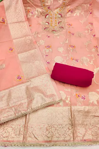 peach weaved silk blend  blend unstitched dress material 