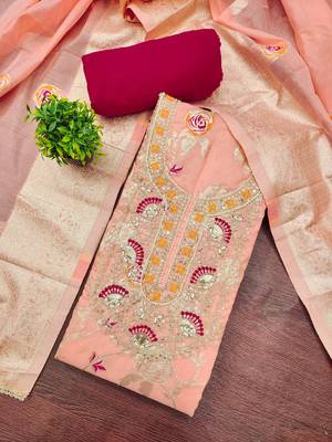 peach weaved silk blend  blend unstitched dress material  4