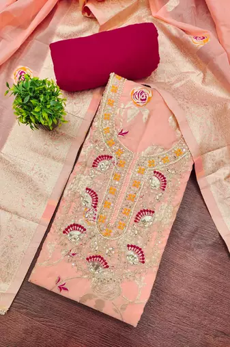 peach weaved silk blend  blend unstitched dress material 